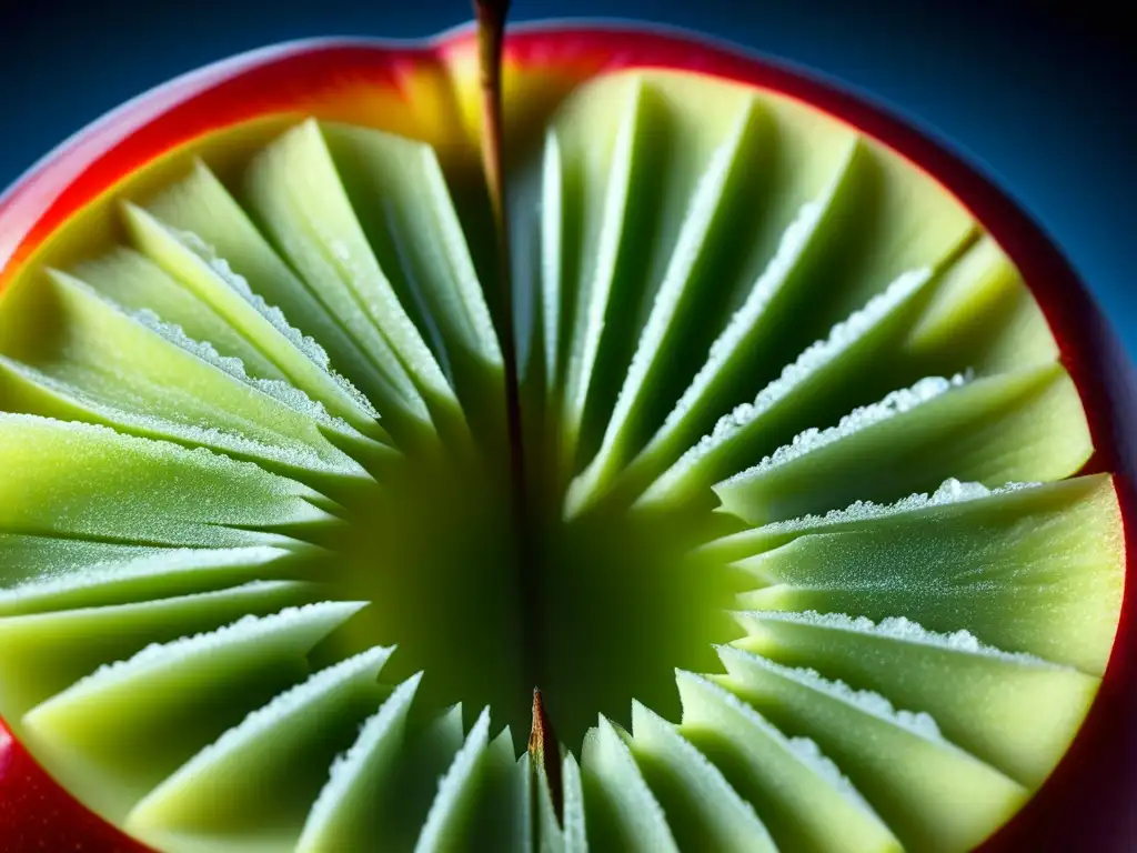 Detallada imagen de rodaja de manzana con cristales de hielo, resaltando la conservación alimentos seguridad global