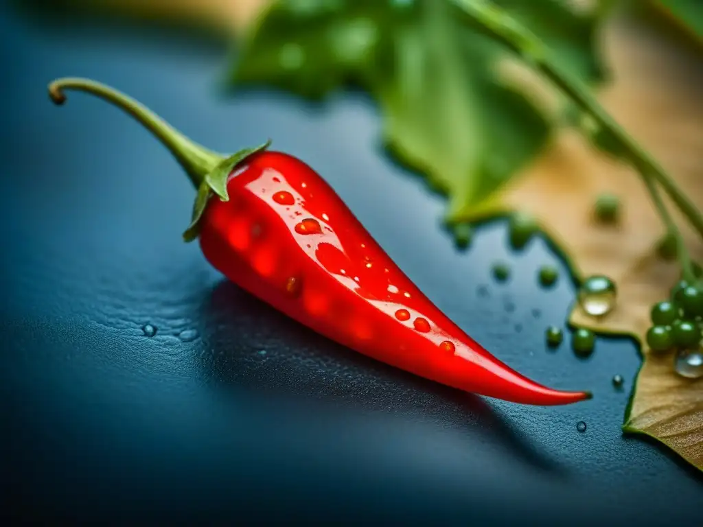 Detallada imagen de un chile rojo vibrante con gotas de agua, sobre un mapa antiguo, resaltando la historia de los ingredientes exóticos traídos por exploradores a Europa