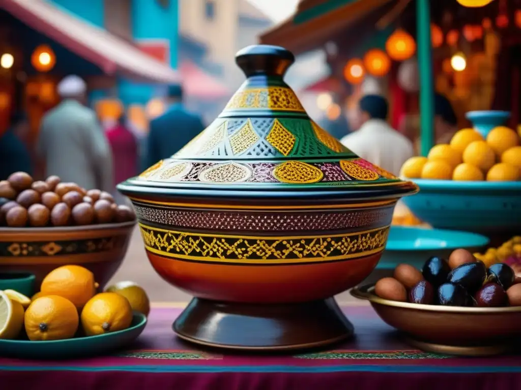 Detallada imagen de un tagine marroquí decorado con ingredientes tradicionales del Magreb, en un bullicioso mercado festivo
