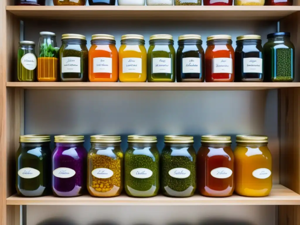 Detallada imagen de tarros coloridos de fermentación en estantes de madera, capturando la magia de la fermentación en recetas históricas culinarias