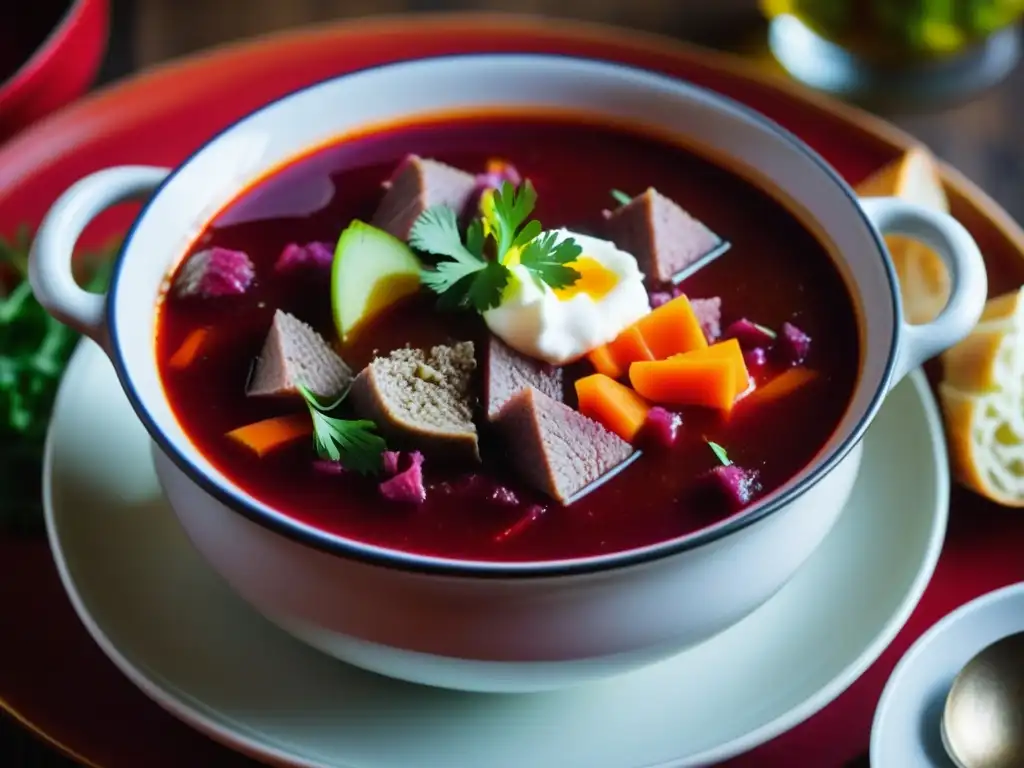 Detallada imagen de un tazón humeante de Borsch ruso tradicional, resaltando colores y texturas