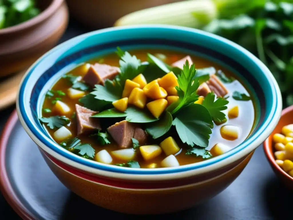 Detallada imagen de un tazón prehispánico rebosante de pozole, resaltando cada ingrediente y textura