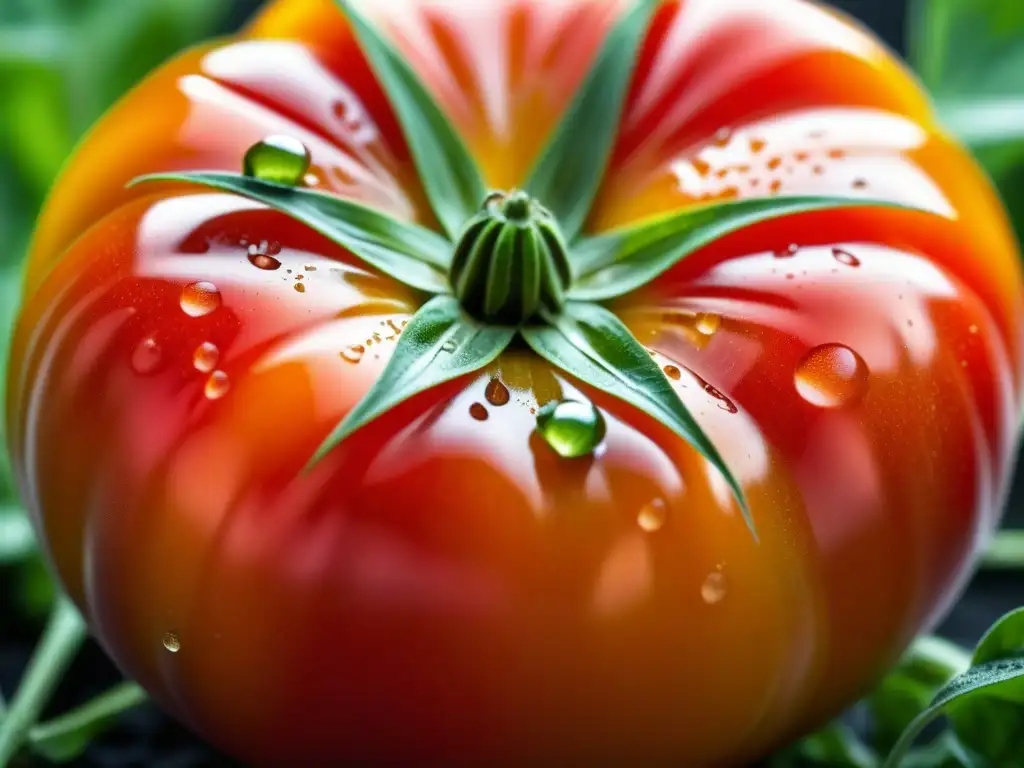 Detallada imagen de un tomate heirloom recién cosechado en un entorno orgánico, resaltando la belleza del cultivo orgánico en tradiciones culinarias