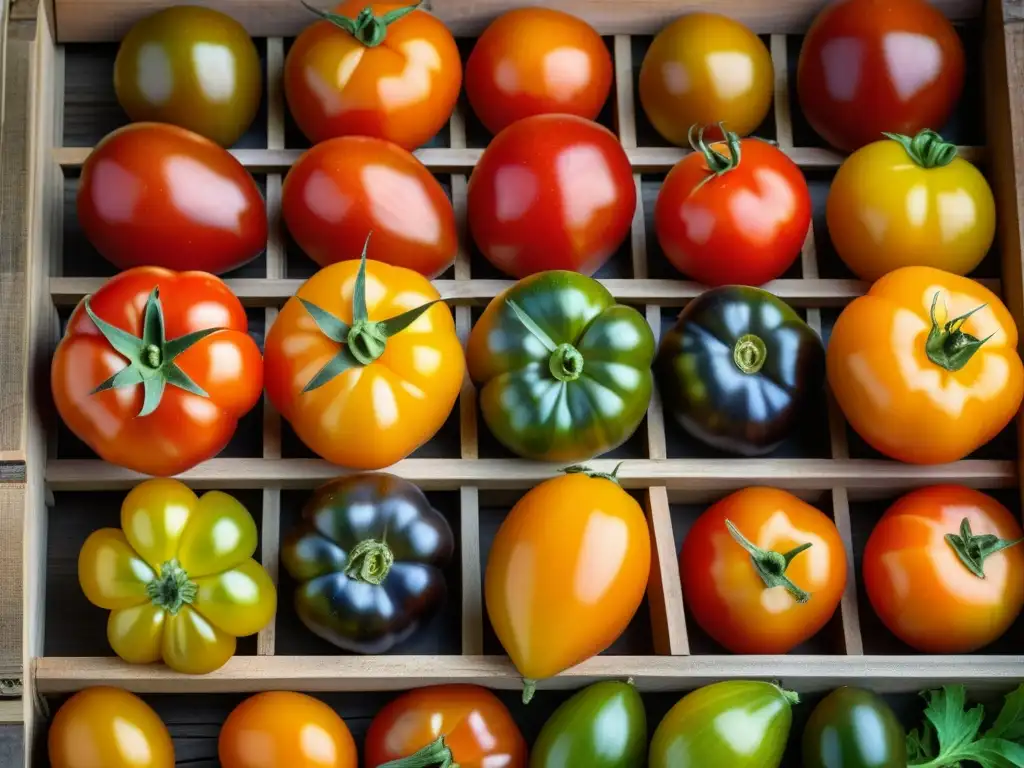 Tomates heredados: diversidad genética en caja de madera Detallada imagen de tomates herencia en caja de madera, resaltando diversidad genética