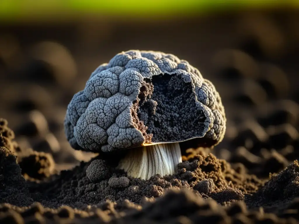 Detallada imagen de una trufa negra recién cosechada sobre tierra, mostrando su textura rugosa y vetas, resaltando su belleza natural