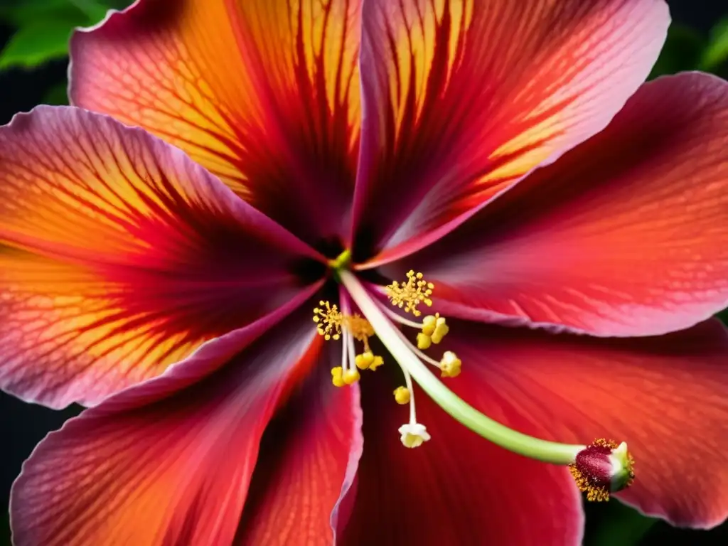 Una detallada imagen de una vibrante Flor de Jamaica, resaltando su textura aterciopelada y tono rojo intenso