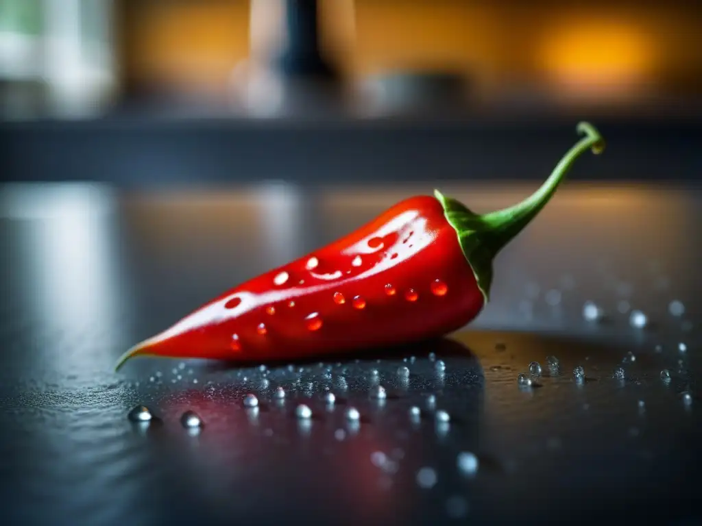 Detallada imagen de un vibrante chile rojo con gotas de agua, en cocina colonial