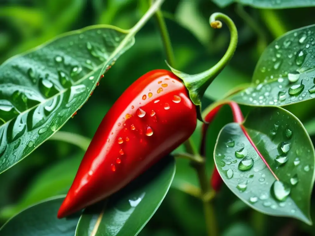 Detallada imagen de un vibrante ají rojo brillante en un jardín soleado, resaltando la historia del ají en gastronomía
