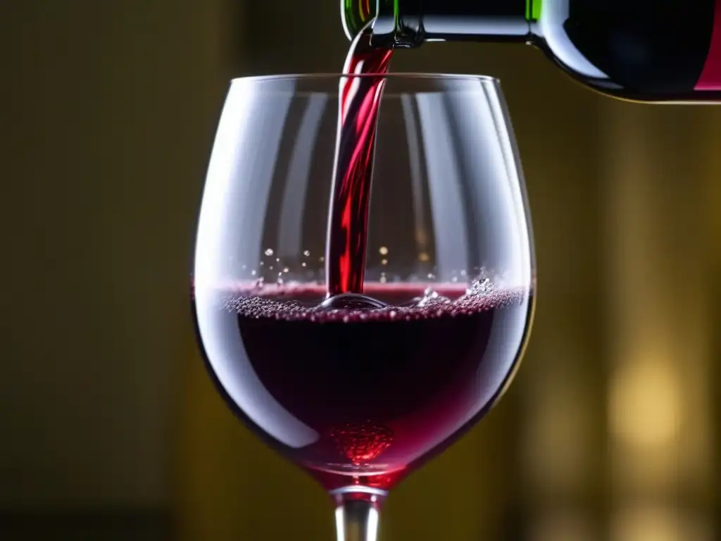 Detallada imagen 8k de vino tinto llenando copa de cristal, resaltando propiedades antioxidantes del vino