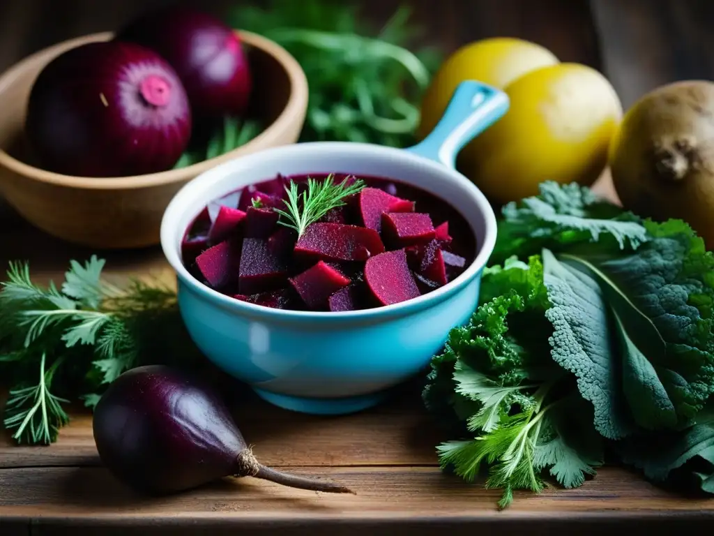 Fotografía detallada de ingredientes de Borscht: remolachas, col, papas y eneldo en una mesa rústica