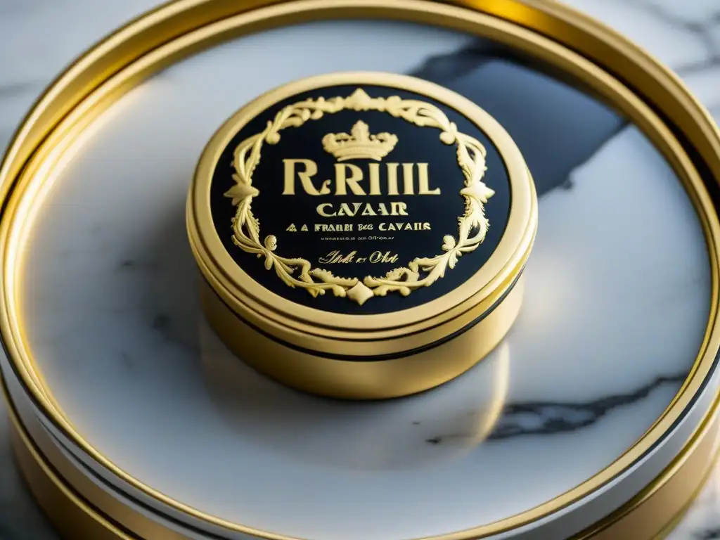 Detallada lata de caviar francés en mármol iluminado, destaca diseño elegante y sofisticado