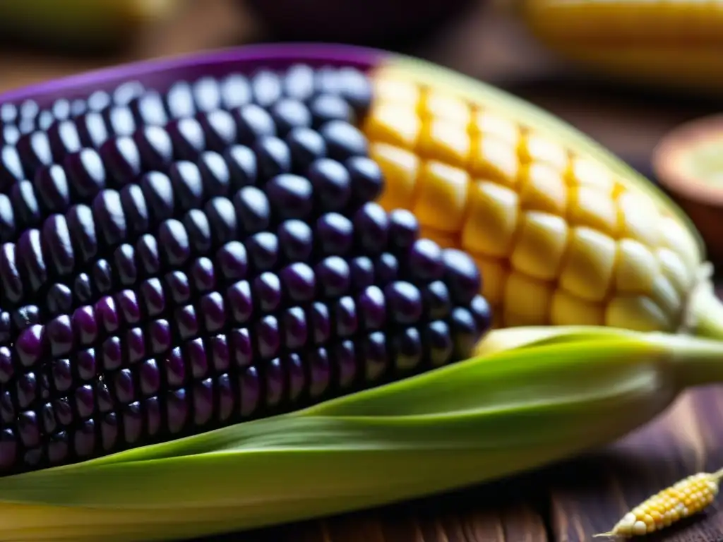 Detallada mazorca de maíz morado Inca, resaltando su textura y colores vibrantes