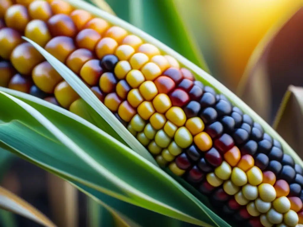 Detallada mazorca de maíz vibrante en campo borroso, resaltando la belleza agrícola y cultural de los Alimentos nativos americanos colonos