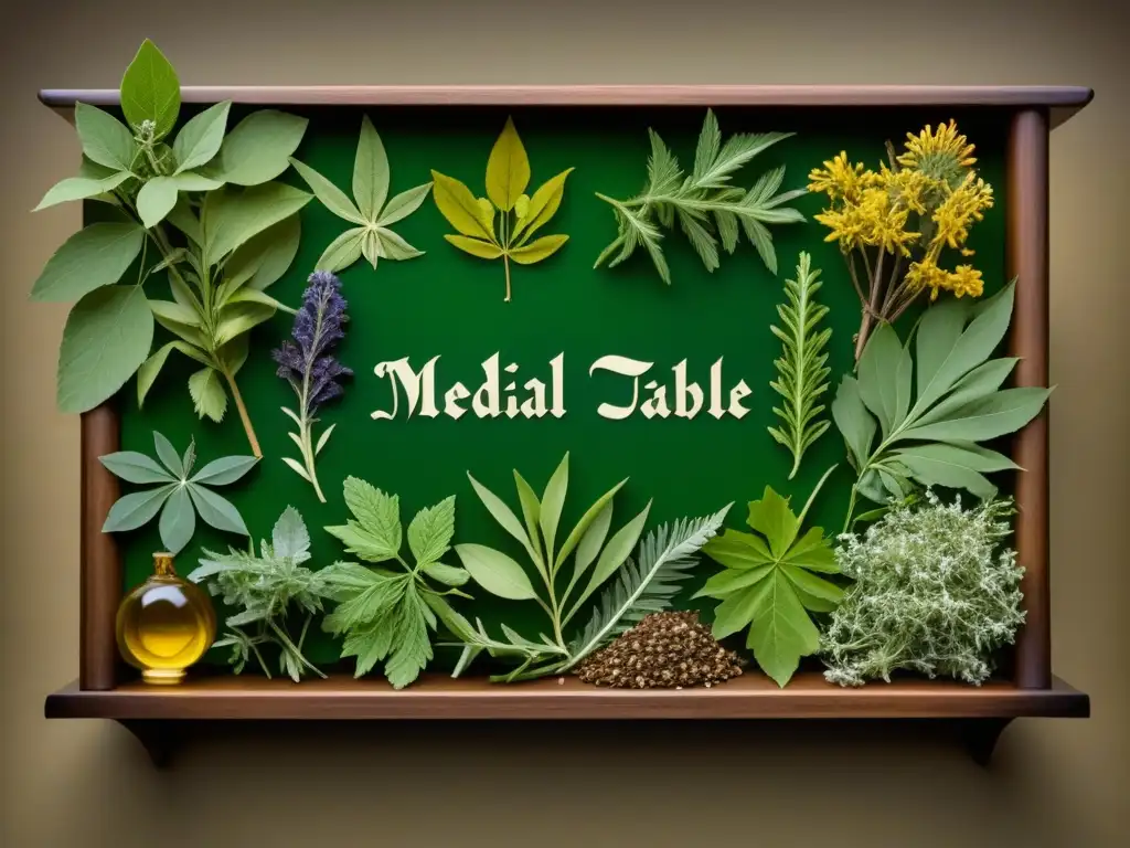 Detallada mesa de boticario medieval con hierbas medicinales y etiquetas en caligrafía