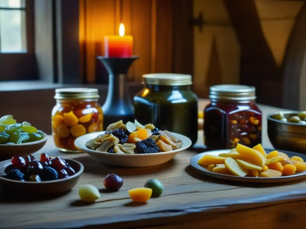 Muestra detallada de una mesa medieval con alimentos preservados, destacando técnicas conservación alimentos en Cruzadas