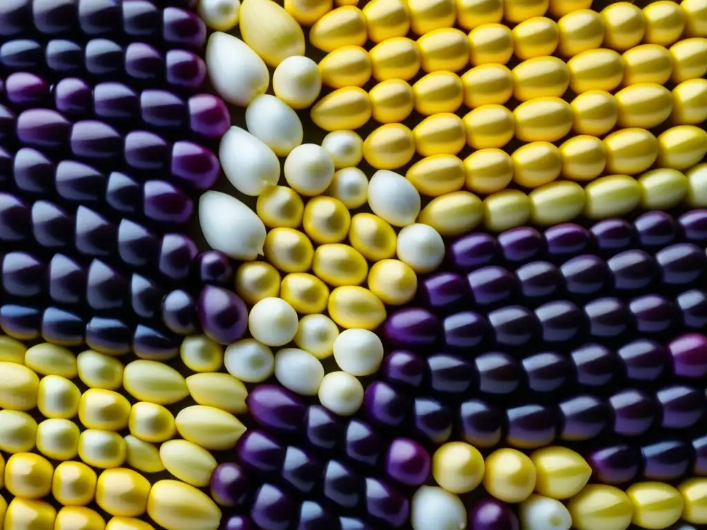 Una fotografía detallada de maíz morado, blanco y amarillo en patrones geométricos, resaltando el significado del maíz latinoamericano