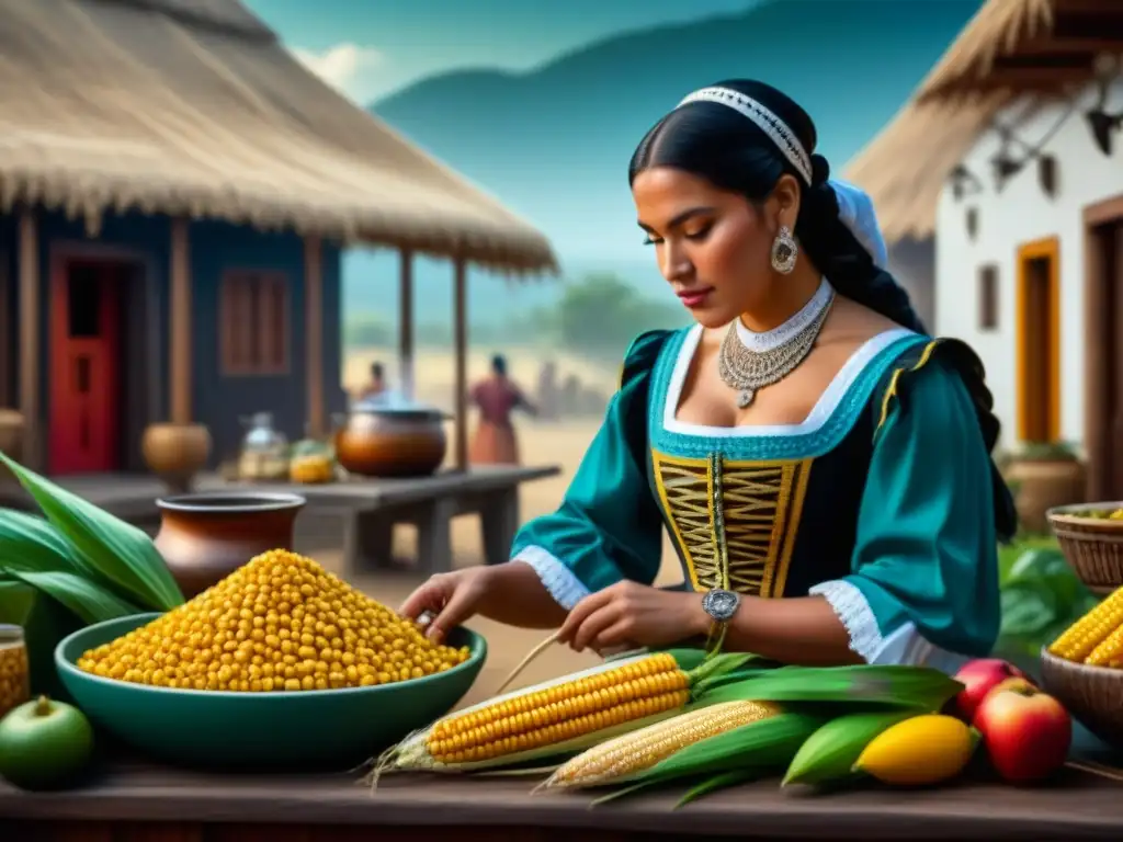 Elaboración de chicha: intercambio cultural durante la colonia Ilustración detallada de mujeres indígenas preparando chicha, rodeadas de ingredientes