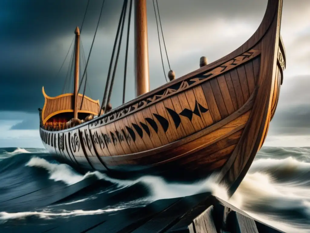 Una detallada nave vikinga tallada con runas históricas, surcando un mar tormentoso