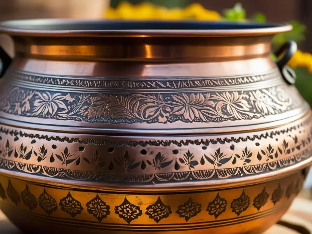 Detallada olla de cobre de la era Mughal, con grabados florales y restos de especias, creando una composición histórica