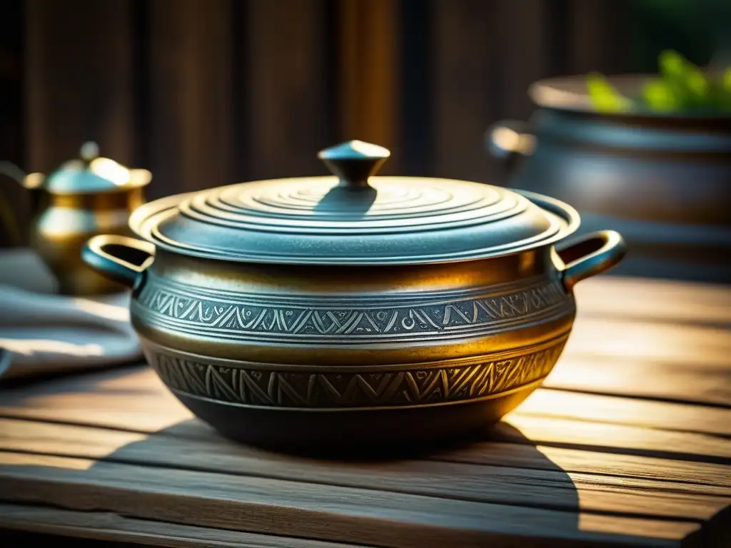 Detallada olla romana de bronce en mesa de madera, parte de utensilios históricos en recetas