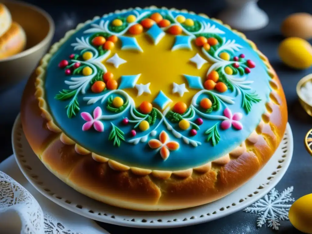 Decoración detallada de pan de Pascua eslavo, mostrando su significado cultural en repostería