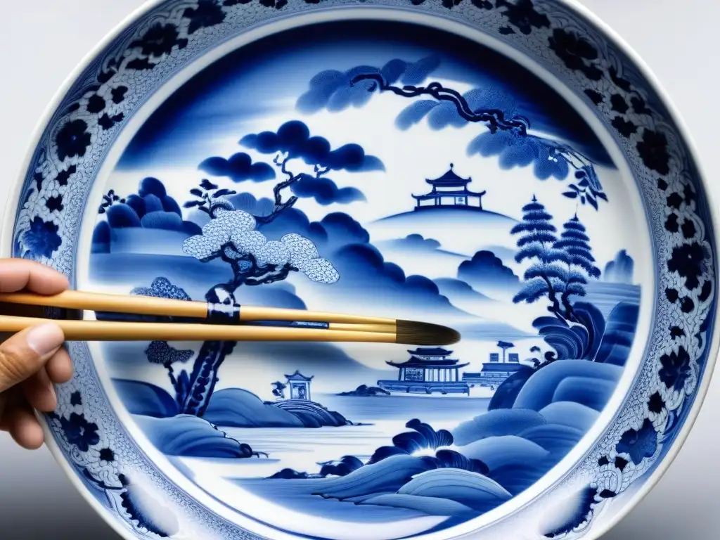 Arte milenario: artesanos pintando delicados patrones en porcelana Ming Detallada pintura a mano en vajilla de porcelana Ming, resaltando la historia y la artesanía ancestral