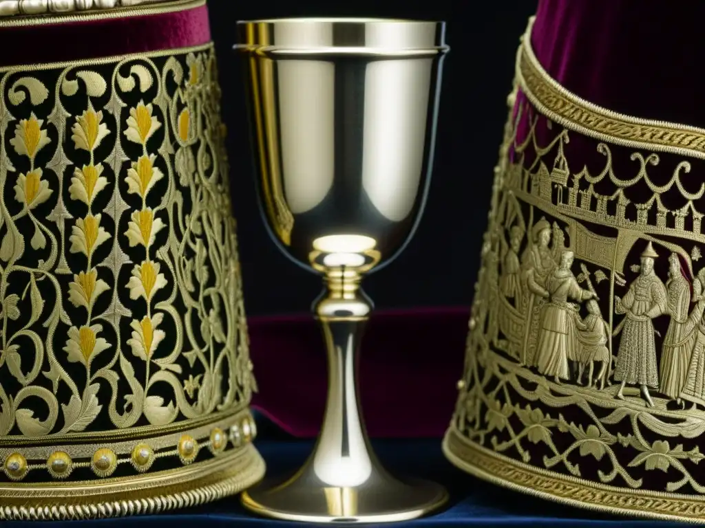 Detallada copa de plata del siglo XVI, con grabados de la vida renacentista europea en un mantel de terciopelo