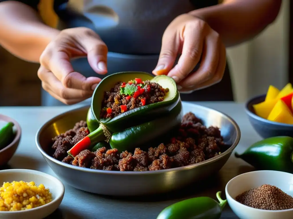 Preparación detallada de chile poblano rojo relleno, destacando origen histórico chiles en nogada en cocina rústica