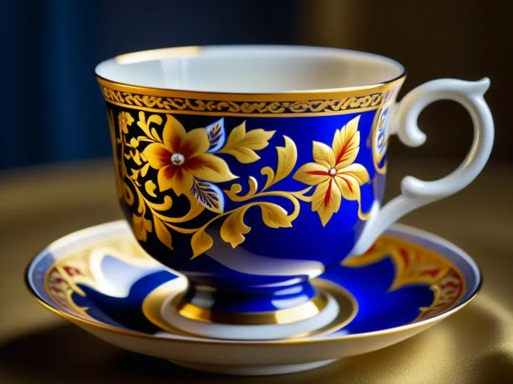 Detallada porcelana corte zares Rusia Imperial: delicada taza con flores pintadas a mano en tonos dorados, escarlata y azul cobalto