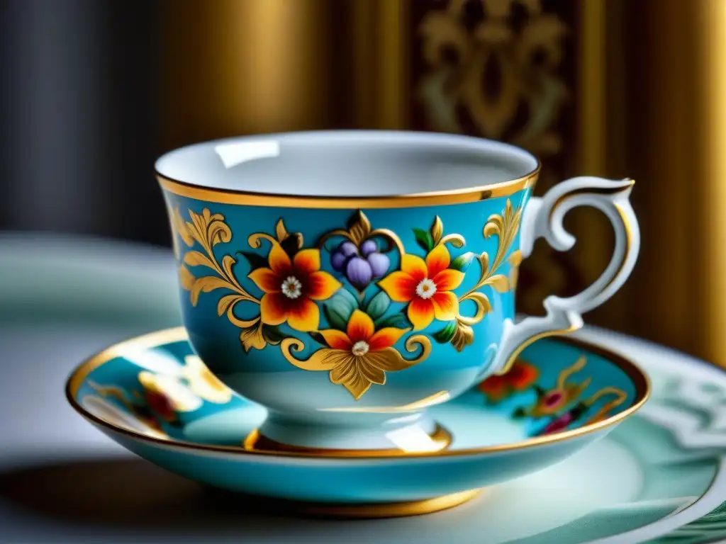 Detallada porcelana de corte zares Rusia Imperial: taza con patrones florales pintados a mano y detalles dorados