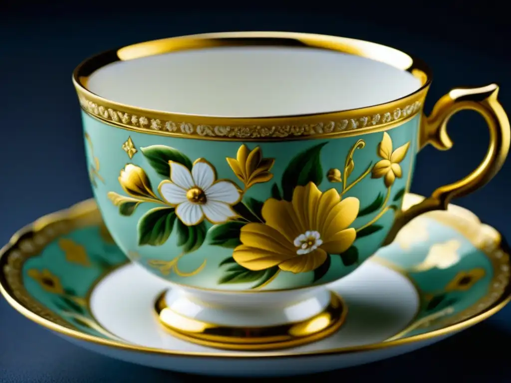 Detallada porcelana europea del siglo XVIII: taza pintada a mano con patrones florales y toques dorados