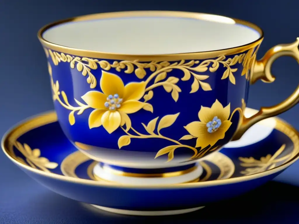 Detallada porcelana Sévres con exquisitos diseños florales en azul cobalto y oro, destacando su relevancia cultural e histórica