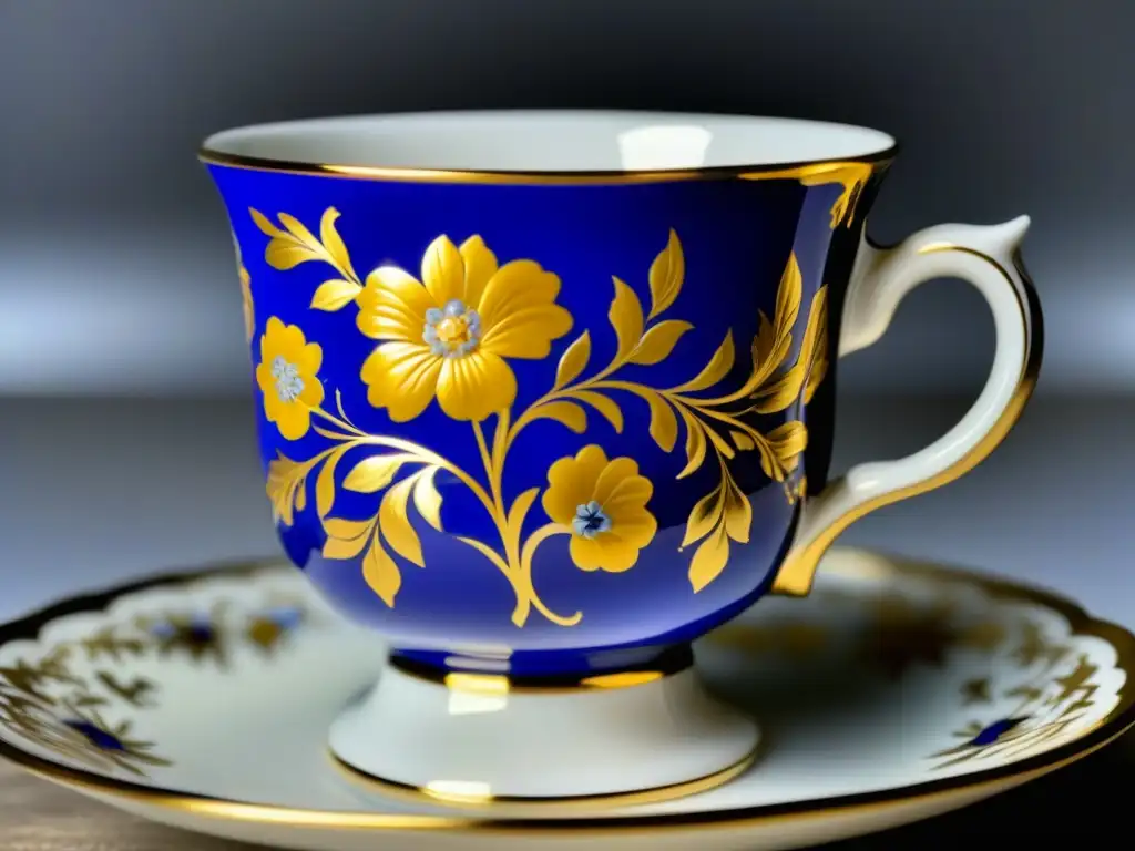 Detallada porcelana Sévres: exquisitos diseños florales en azul cobalto y detalles dorados, mostrando elegancia y relevancia cultural