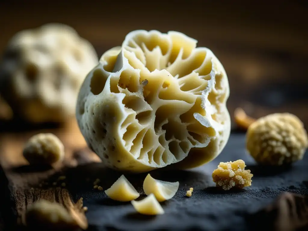 Fotografía detallada de una rara y exquisita trufa blanca, resaltando su textura marmórea y aroma terroso