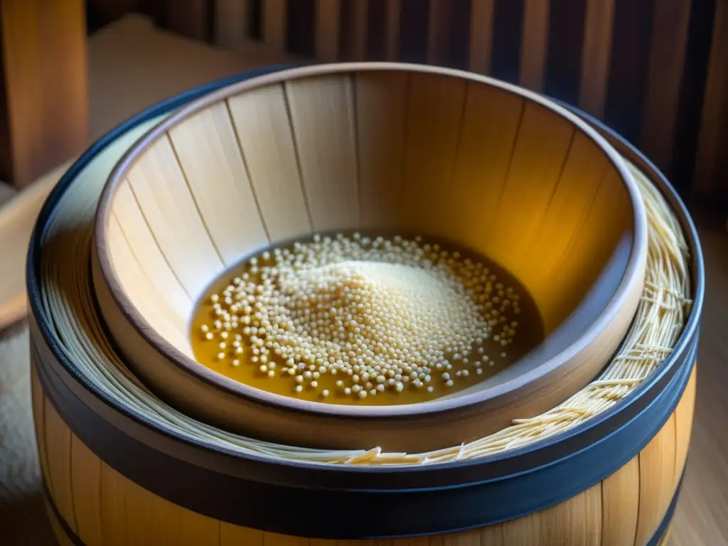 Fotografía detallada de la fermentación de soja para miso en Japón durante la Era Edo