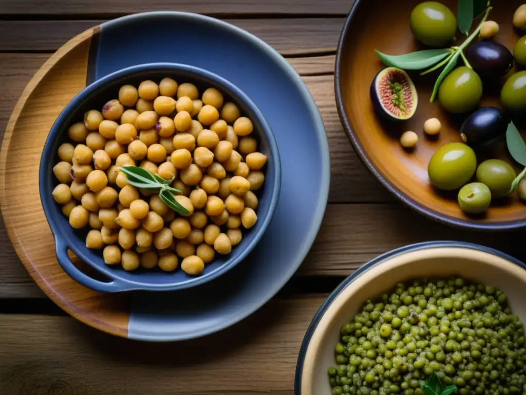 Una representación detallada de superalimentos antiguos romanos en una mesa rústica, resaltando beneficios saludables