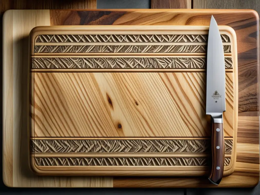 Tabla de cortar de madera envejecida: belleza en lo cotidiano Detallada tabla de cortar de madera envejecida, con marcas de cuchillo y manchas de comida