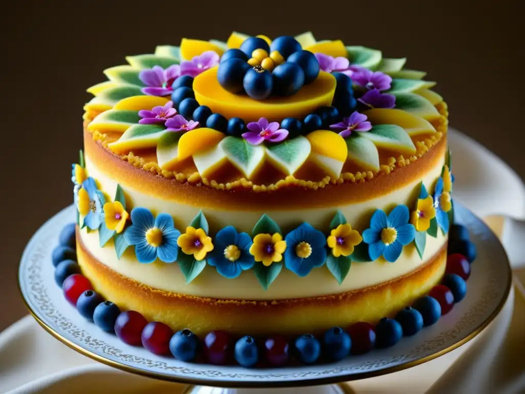 Detallada tarta renacentista decorada con frutas y flores, reflejando la sofisticación culinaria del Renacimiento en Europa