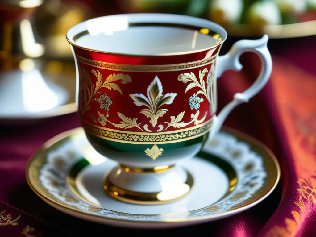 Detallada taza de té rusa de porcelana con motivos dorados y florales sobre terciopelo carmesí, destacando la tradición del té en Rusia
