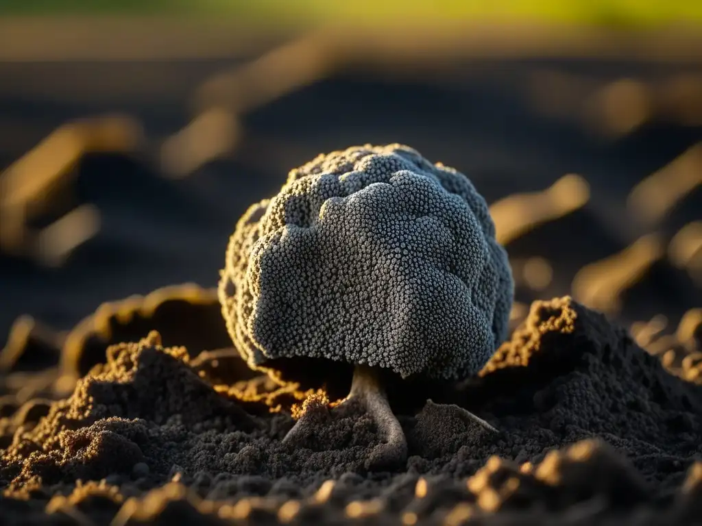 Detallada trufa negra recién cosechada en su lecho de tierra, revelando su belleza natural