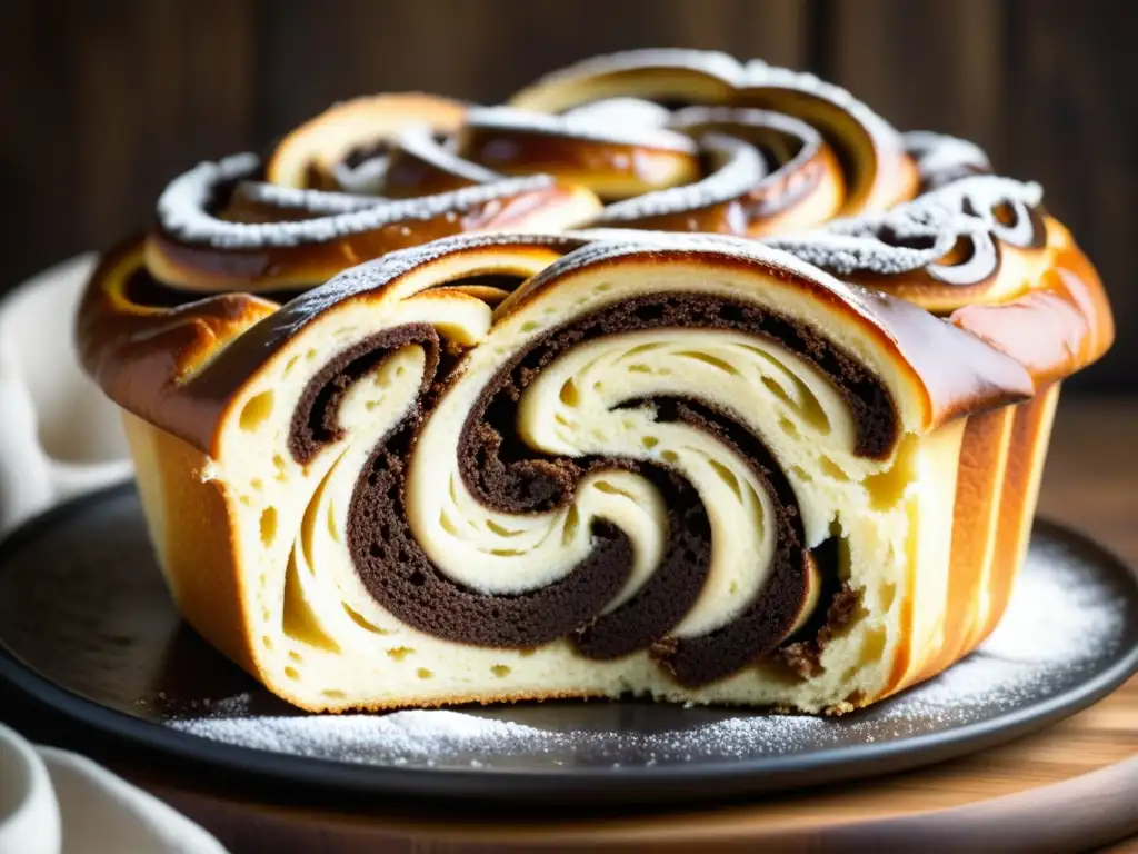 Detallada babka ucraniana con relleno de chocolate, en plato de madera rústico