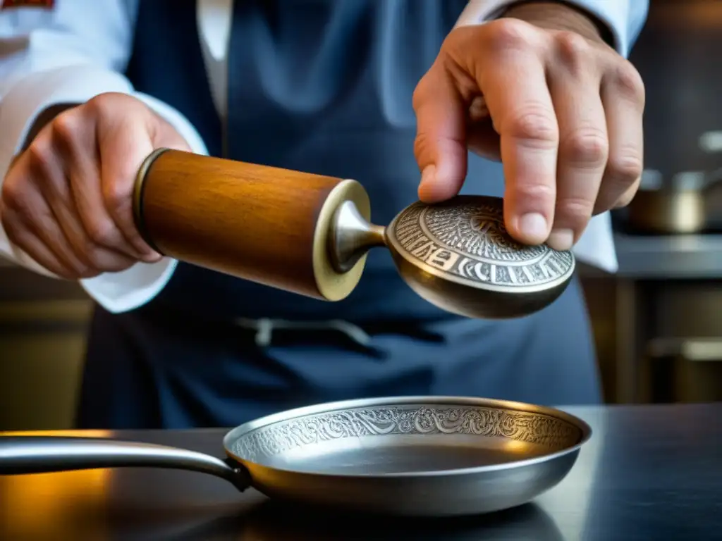 Detallada réplica de utensilio histórico en manos de chef, fusionando pasado y presente para mejorar experiencia culinaria