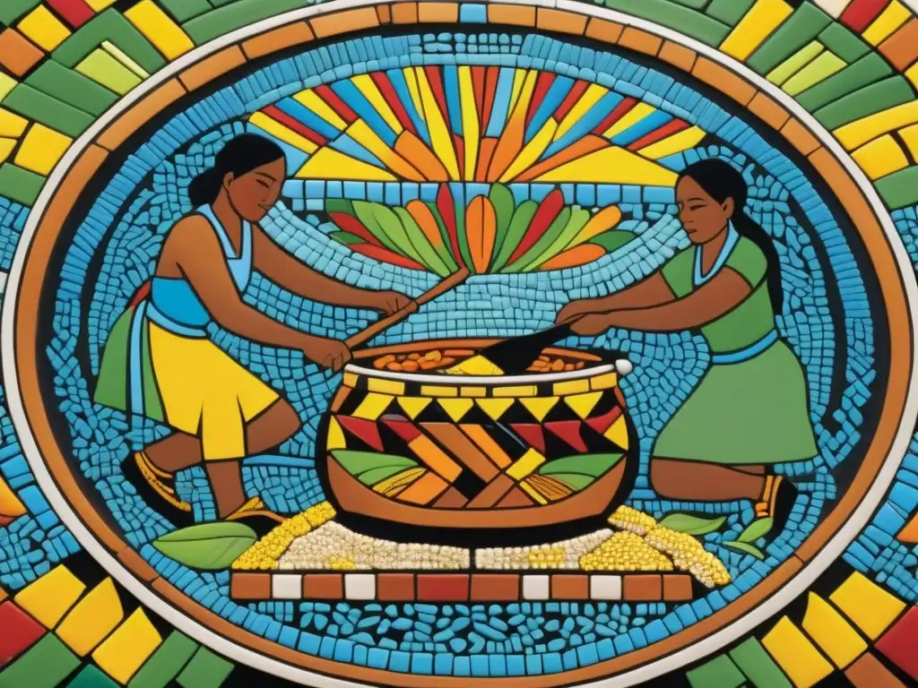 Una detallada y vibrante imagen de un mosaico azteca histórico sobre recetas indígenas americanas