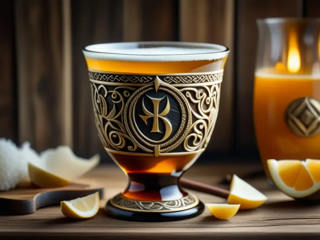 Detallada copa vikinga rebosante de hidromiel, rodeada de grabados y símbolos nórdicos en mesa rústica