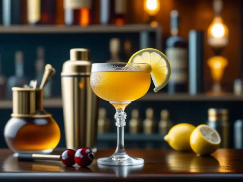 Detallada copa vintage con cóctel dorado, limón y cereza en bar antiguo, evocando la historia de cócteles época dorada