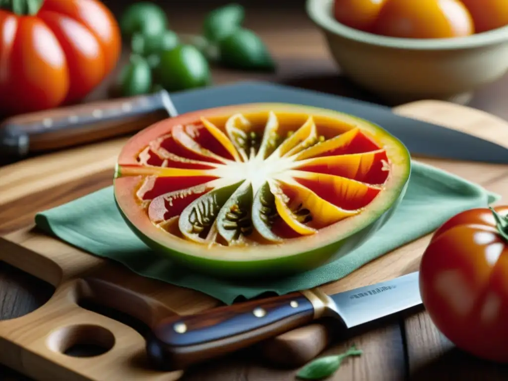 Detallada vista de un tomate nativo americano rebanado, con semillas y pulpa jugosa