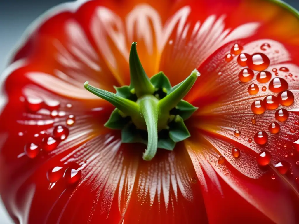 Detalle vibrante: Aji Amarillo rojo con texturas y gotas de agua Detallada vista de un vibrante ají amarillo con gotas de agua, resaltando sus texturas y patrones
