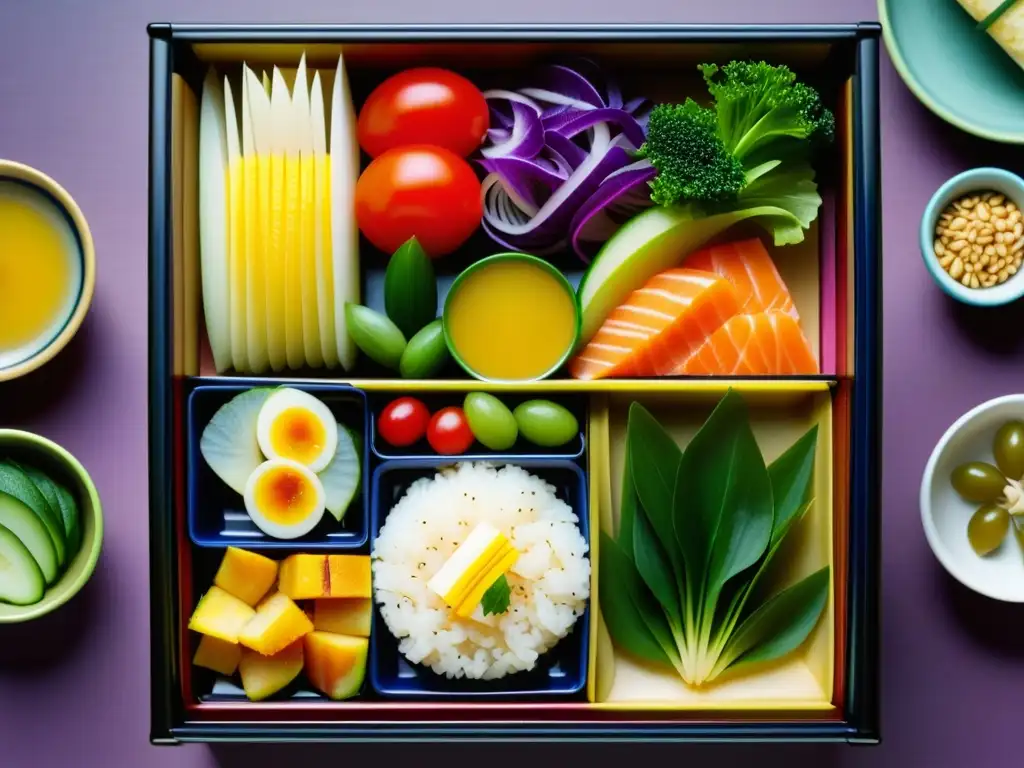 Detallado bento japonés con ingredientes coloridos y frescos, reflejando la armonía de la Dieta japonesa Edo sostenible