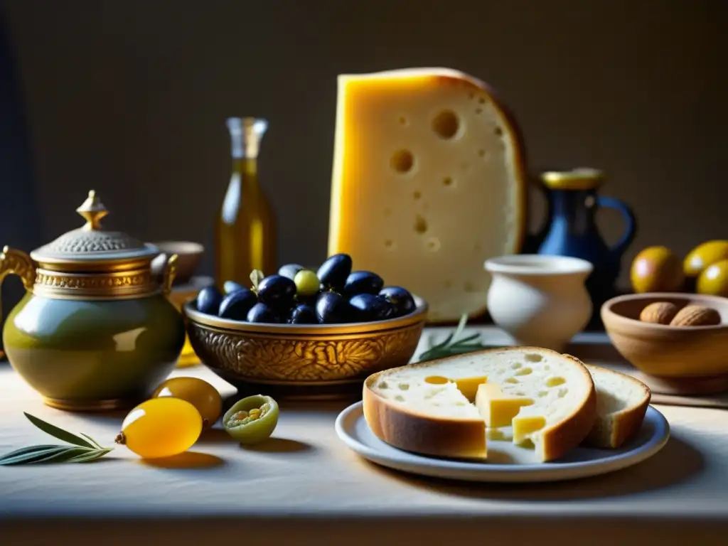 Un detallado bodegón de un desayuno en la Antigua Roma, resaltando alimentos como aceitunas, higos, miel, pan y queso