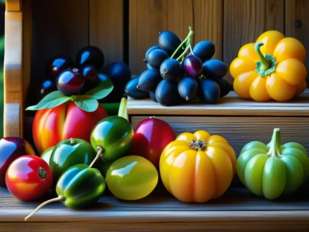 Un detallado bodegón renacentista italiano de frutas y verduras en un puesto de mercado rústico